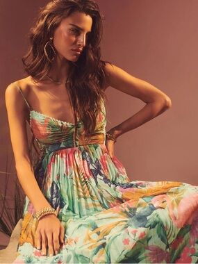 Rococo Sand Tropical Floral Spaghetti Strap Maxi Dress - Mint Multi
